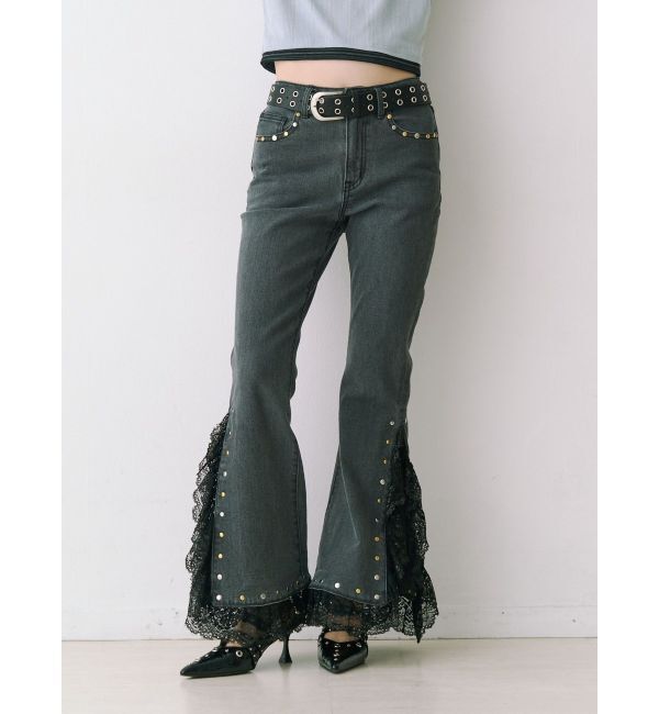 jouetie「レースドッキングスタッズフレアデニム」|デニム|ブラック