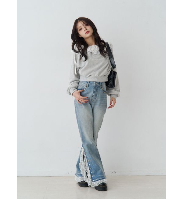 jouetie「レースドッキングスタッズフレアデニム」|デニム|