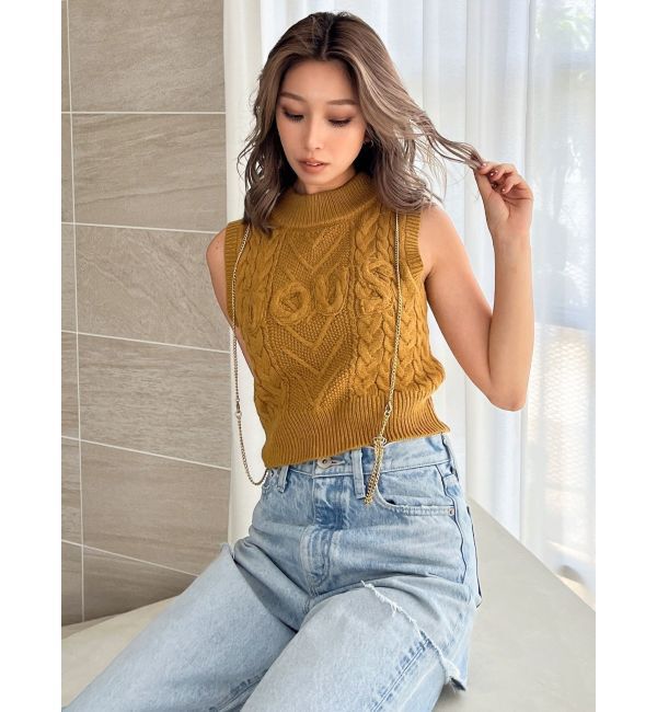 GYDA「NOUSノースリケーブルニットトップス」|ニット・セーター|マスタード