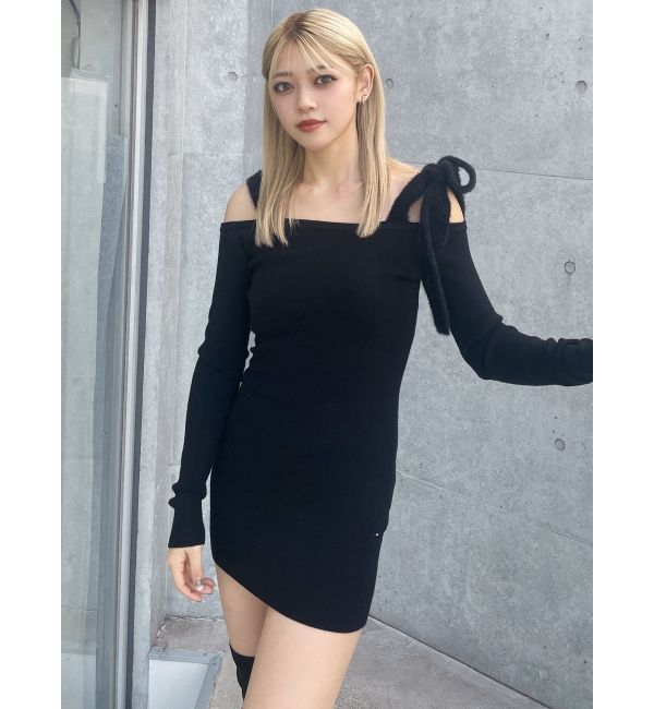 GYDA「shoulderリボンタイトリブニットワンピース」|ワンピース|ブラック