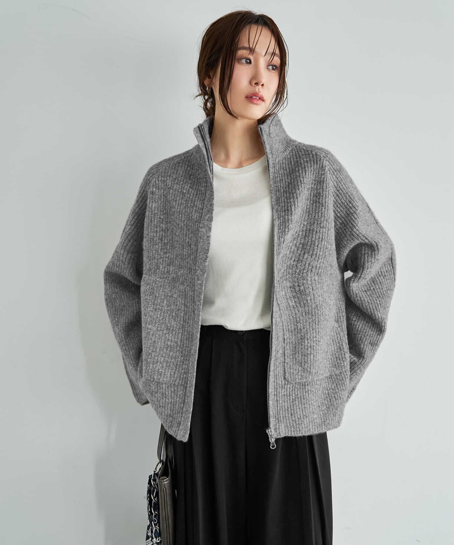 STYLE DELI「ダブルジップスタンドネックニットジャケット」|その他|グレー