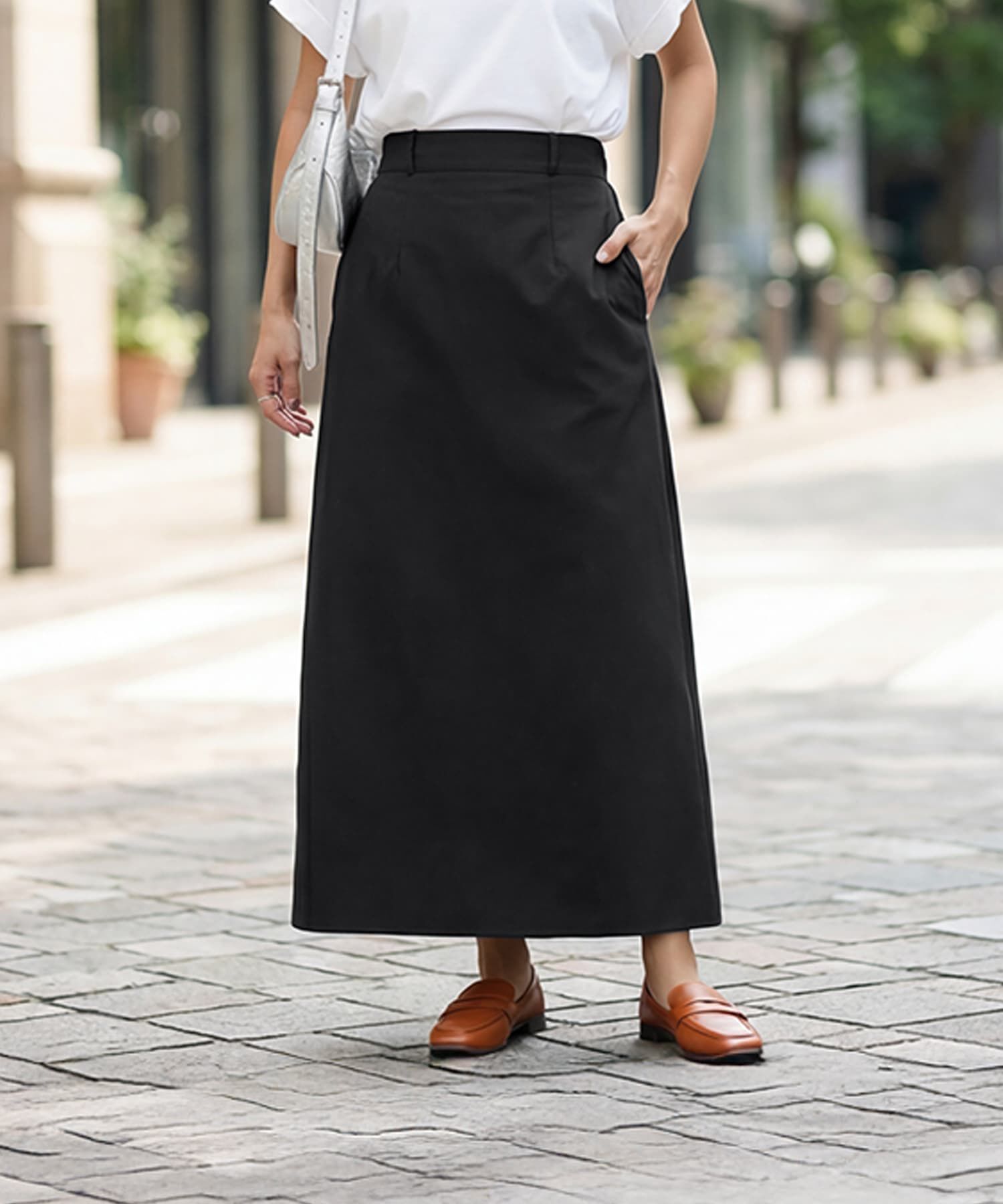 STYLE DELI「スッキリとした薄手ハリ感Aラインスカート」|台形|ブラック