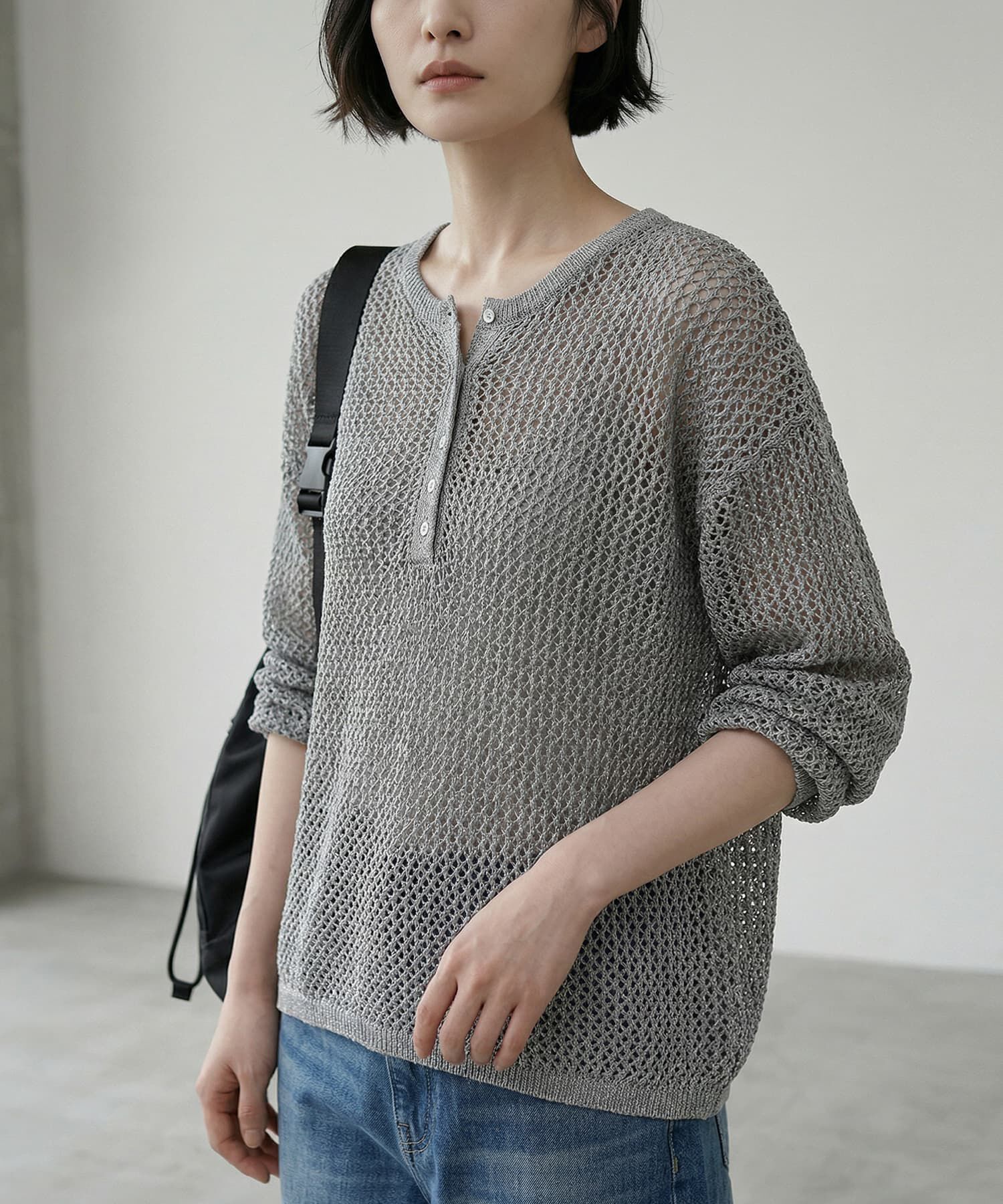 STYLE DELI「【BLK001】サマーメッシュ編みヘンリーネックプルオーバー」|Tシャツ・カットソー|グレー