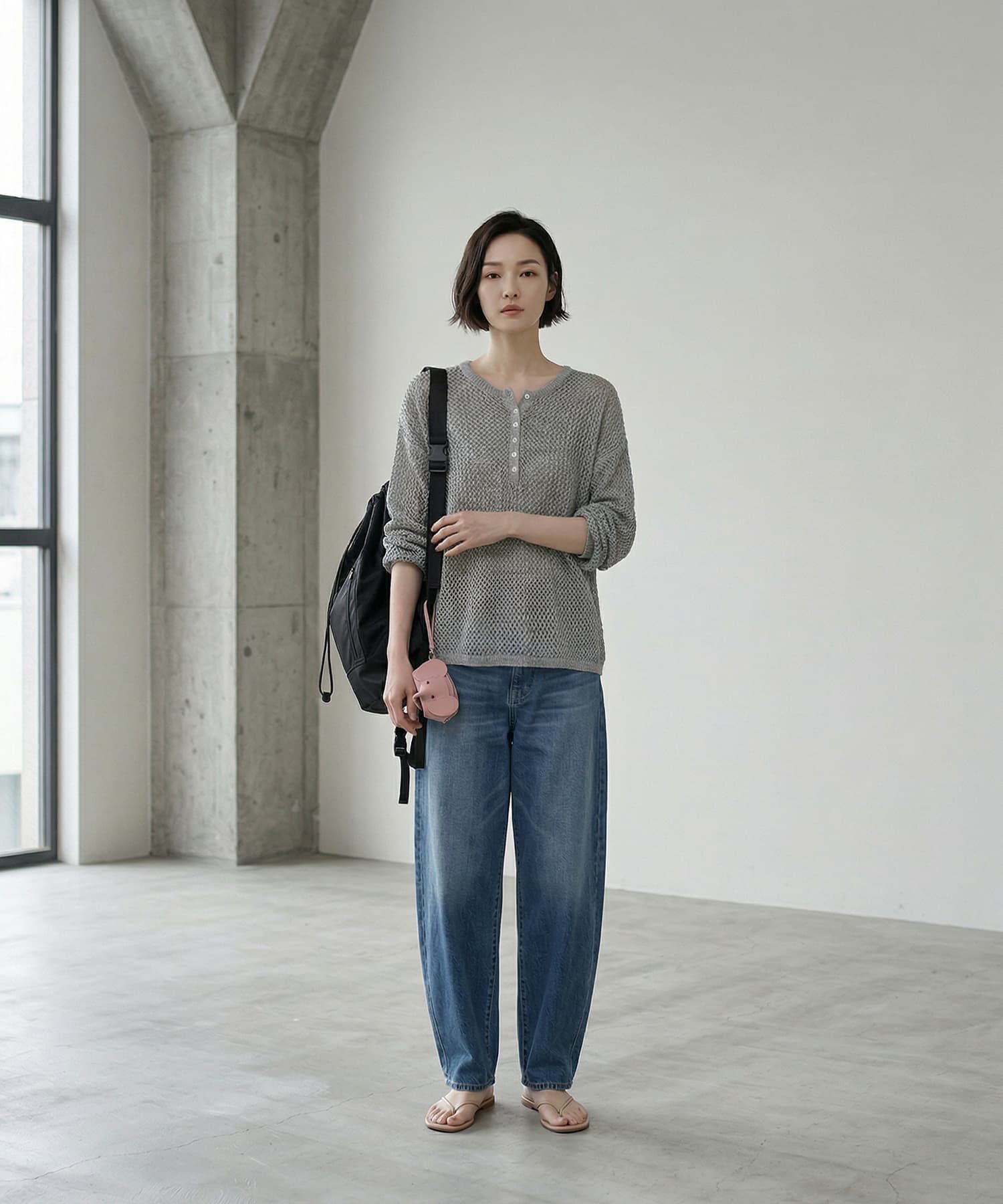 STYLE DELI「【BLK001】サマーメッシュ編みヘンリーネックプルオーバー」|Tシャツ・カットソー|