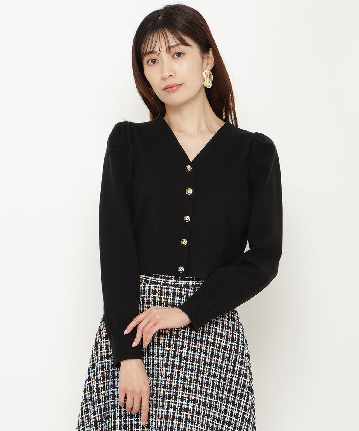 アンドクチュール「袖ギャザーVネックカーデプルオーバー」|カーディガン|ブラック