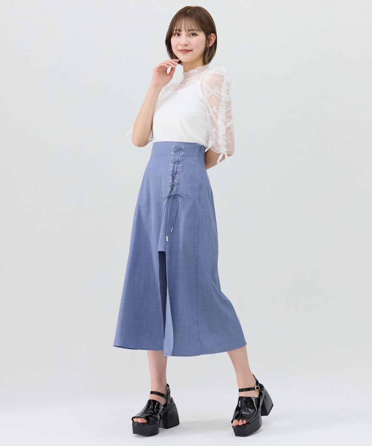 REDYAZEL「スピンドルスリットロングスカートスカート」|フレア|ブルー