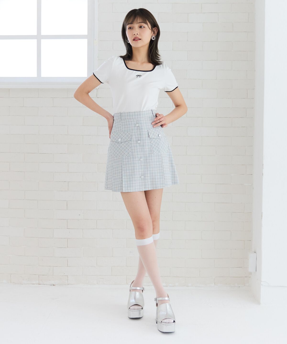REDYAZEL「フロントボタンチェックミニスカート」|フレア|
