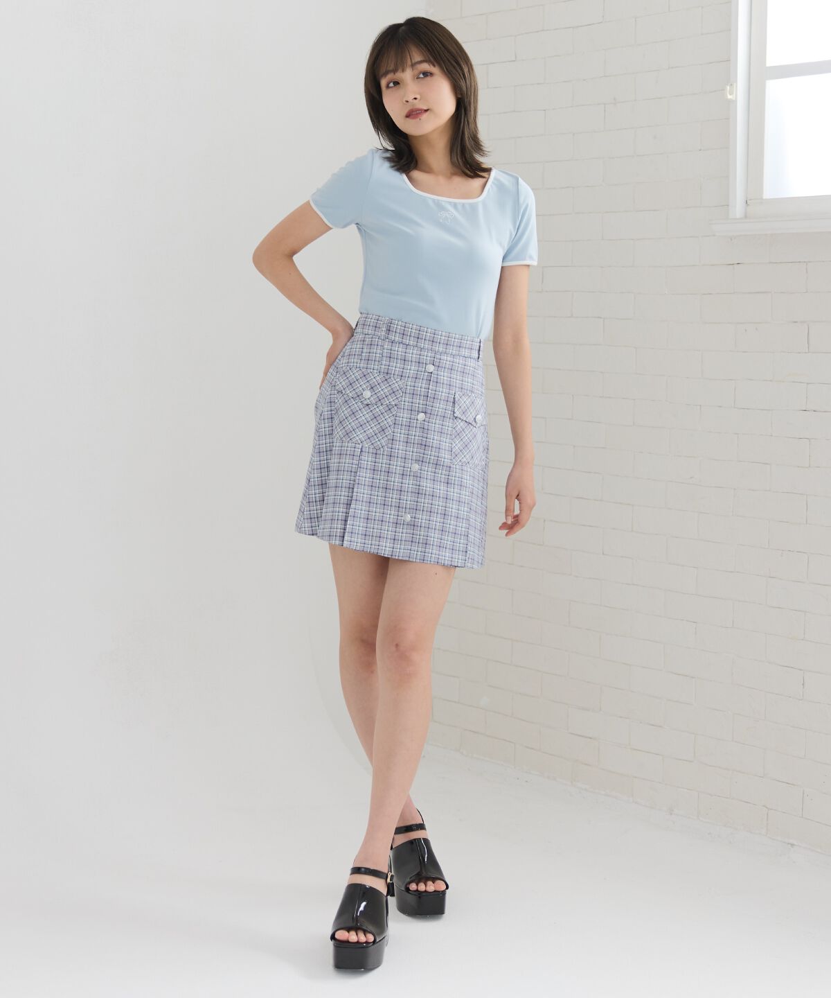 REDYAZEL「フロントボタンチェックミニスカート」|フレア|