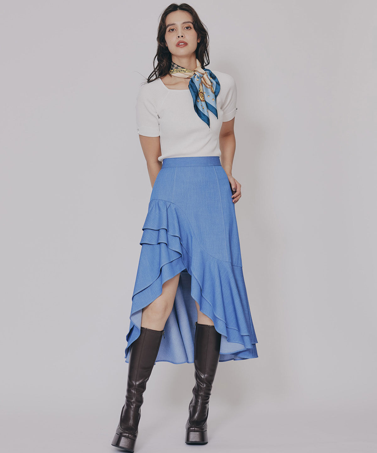 REDYAZEL「アシメフリルデニムライクティアードスカート」|フレア|