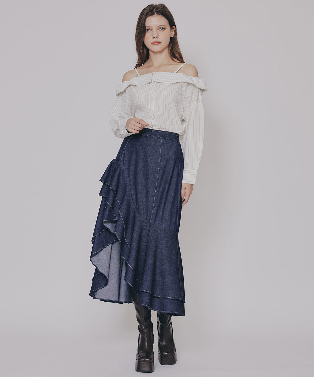 REDYAZEL「アシメフリルデニムライクティアードスカート」|フレア|