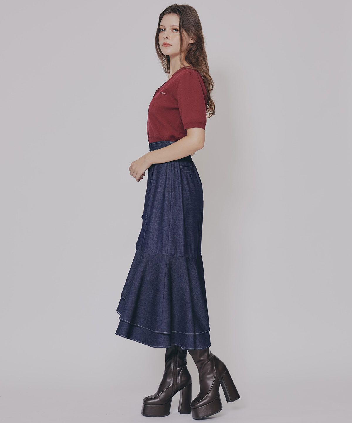 REDYAZEL「アシメフリルデニムライクティアードスカート」|フレア|