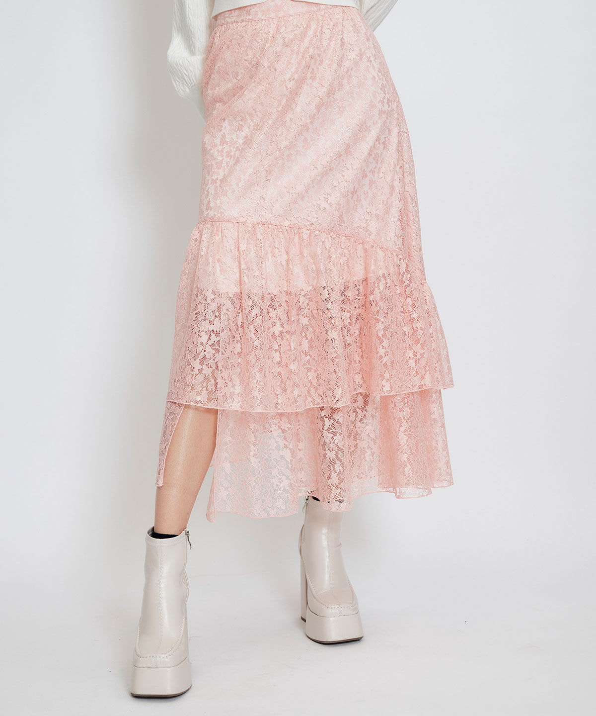 REDYAZEL「スリットレースフレアロングスカート」|フレア|ピンク