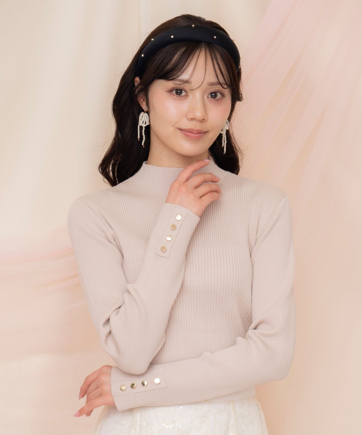 WILLSELECTION「袖口ボタンボトルネックリブニット」|ニット・セーター|ピンク