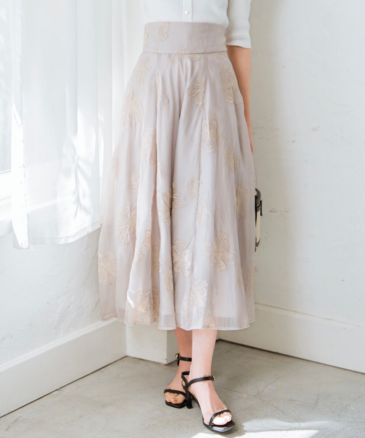 WILLSELECTION「フラワー刺繍シアースカート」|フレア|