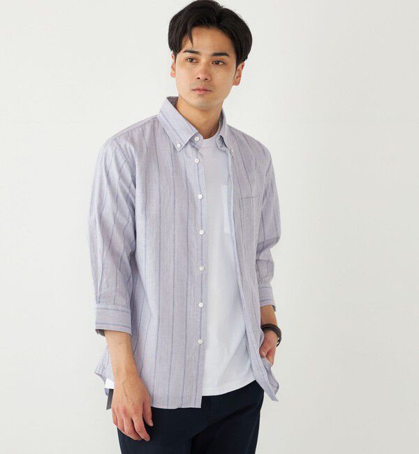 SHIPS Colors 「SHIPS Colors:コットン リネン ストライプ 7分袖 シャツ」|シャツ・ブラウス|