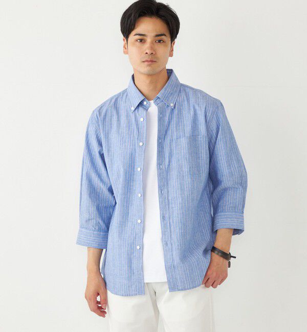 SHIPS Colors 「SHIPS Colors:コットン リネン ストライプ 7分袖 シャツ」|シャツ・ブラウス|