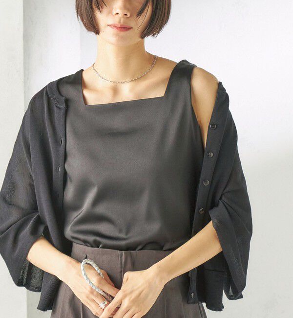 SHIPS for women「2WAY サテン &times; カットソー スクエア タンクトップ」|タンクトップ|ブラック