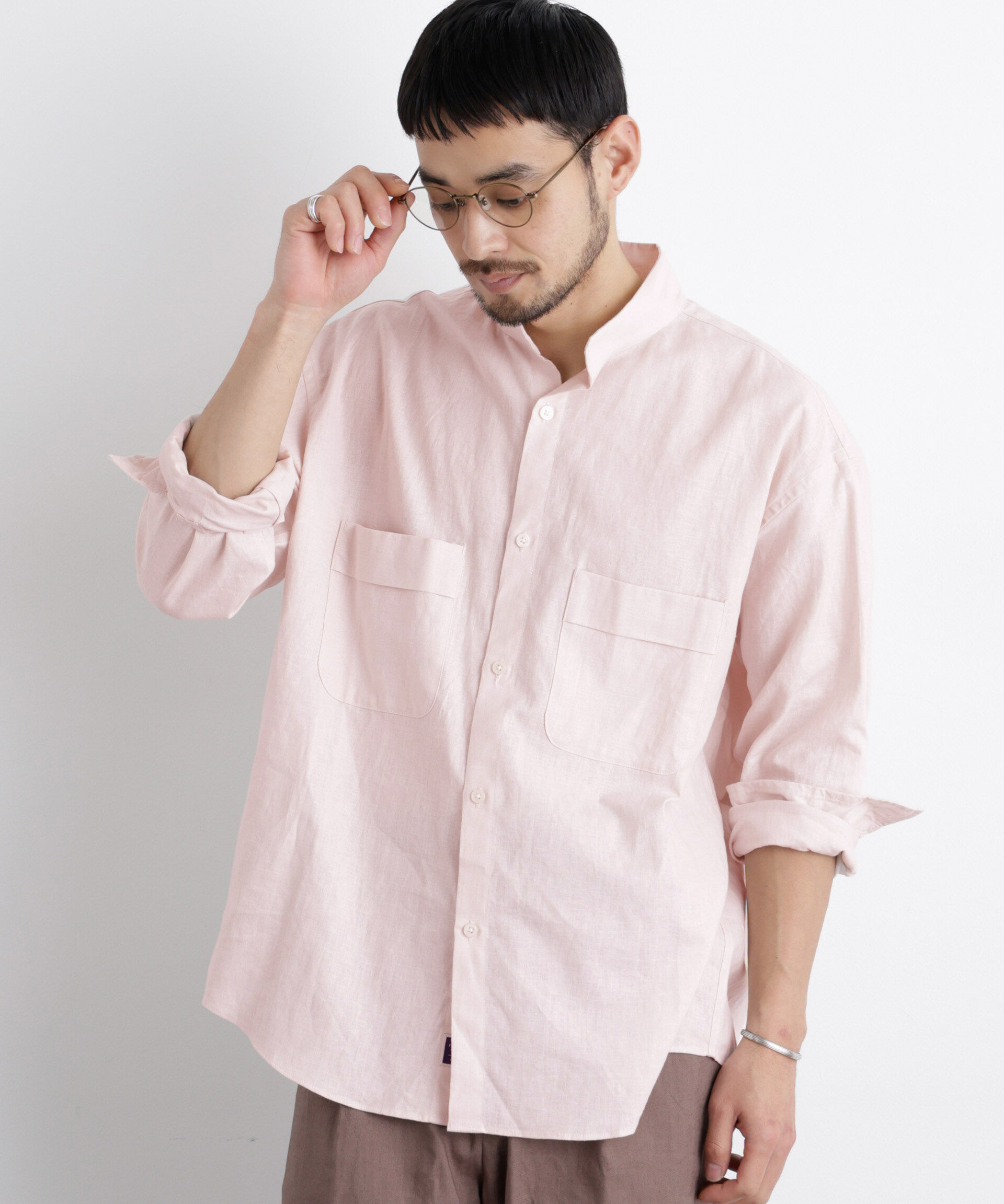 nano･universe「「FRENCH LINEN」リネンコットンスタンドシャツ」|シャツ・ブラウス|L.ピンク1