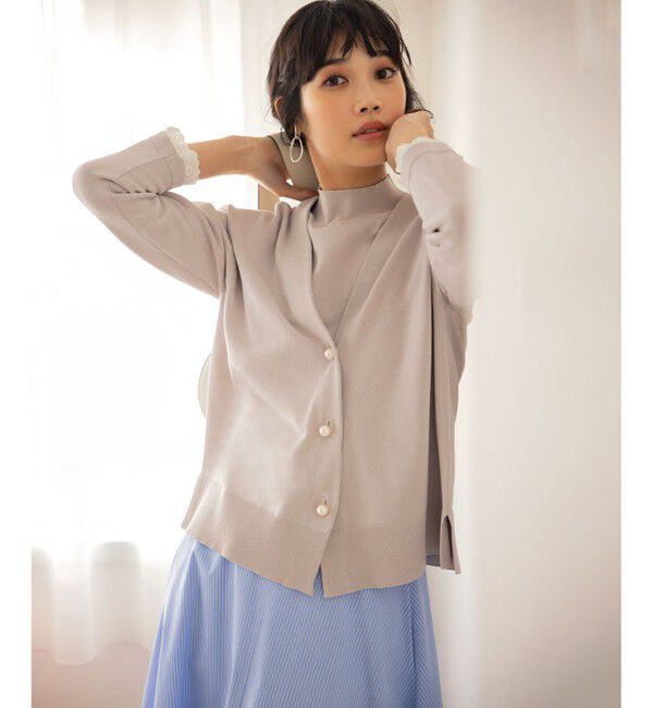 組曲「【2SET・WEB限定】パールボタン配色フリルツイン セット」|カーディガン|グレージュ系