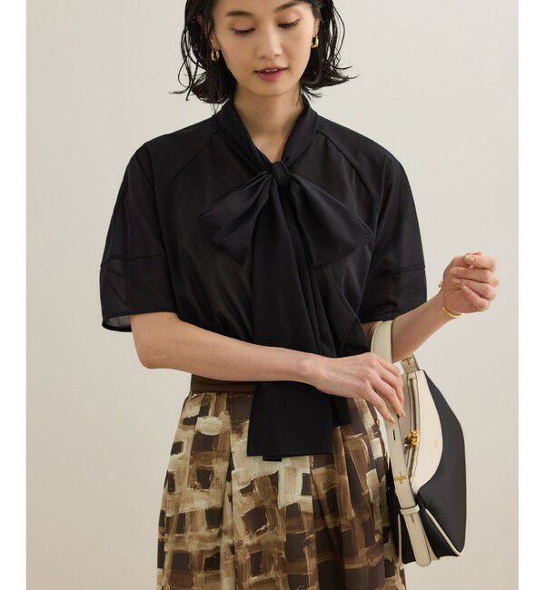 ROPE「【洗える】シアートリコットボウタイブラウス」|Tシャツ・カットソー|ブラック(01)