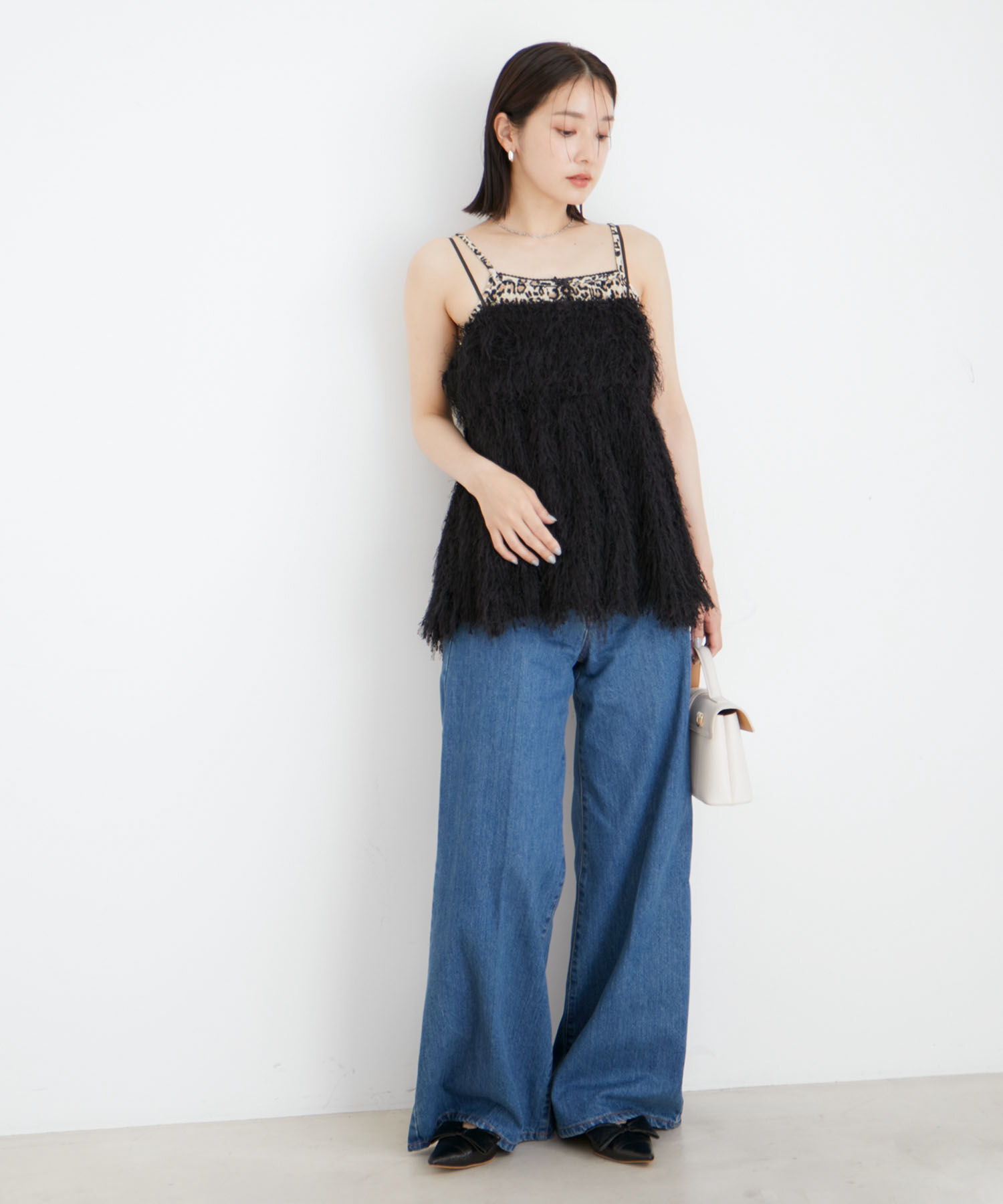 VIS「【洗える】プチリボン付きパターンメッシュキャミソール」|キャミソール|