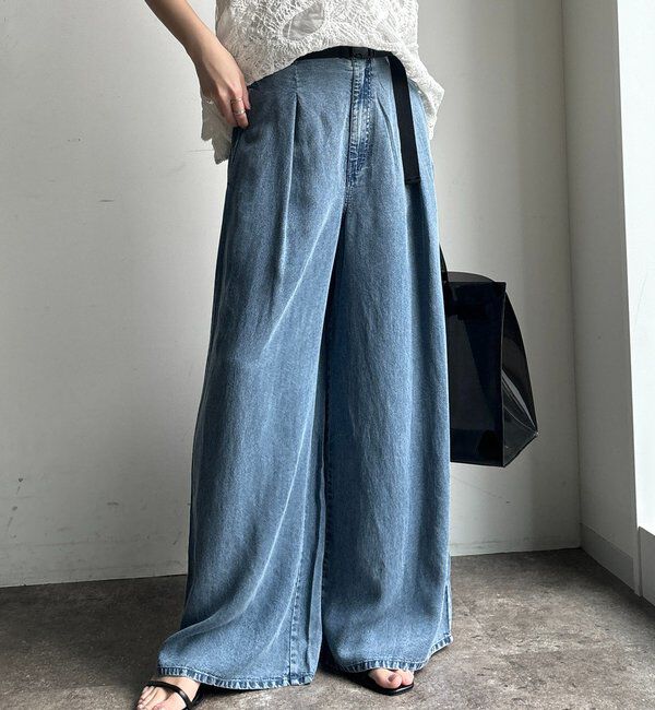  「ベルト付リヨセルデニムパンツ」|デニム|ブルー