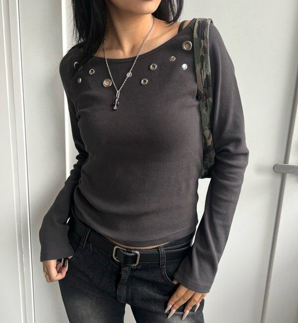  「アイレットオフショルトップス」|Tシャツ・カットソー|チャコールグレー