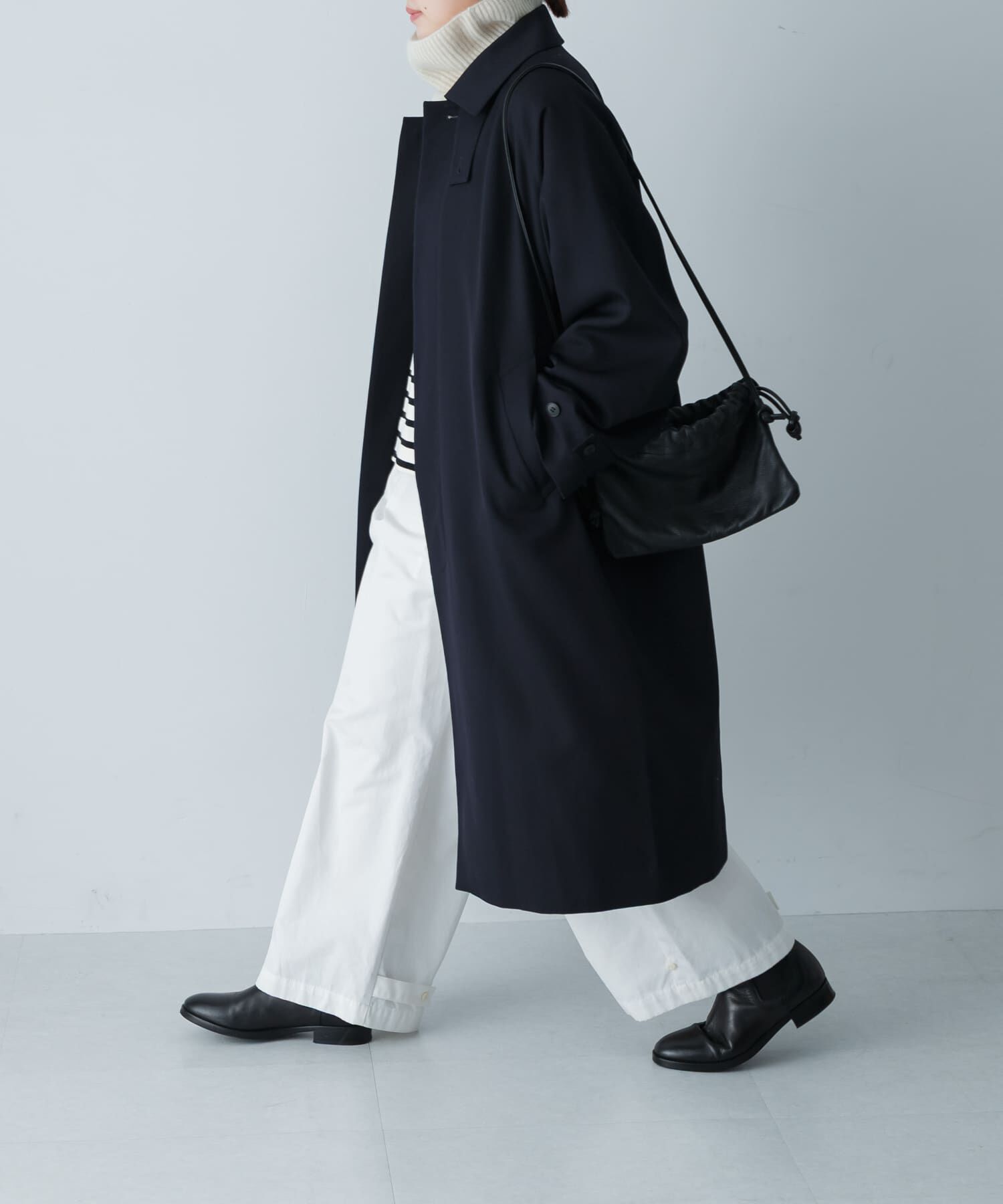 かぐれ「ウーステッドウールコート」|ノーカラーコート|ネイビー