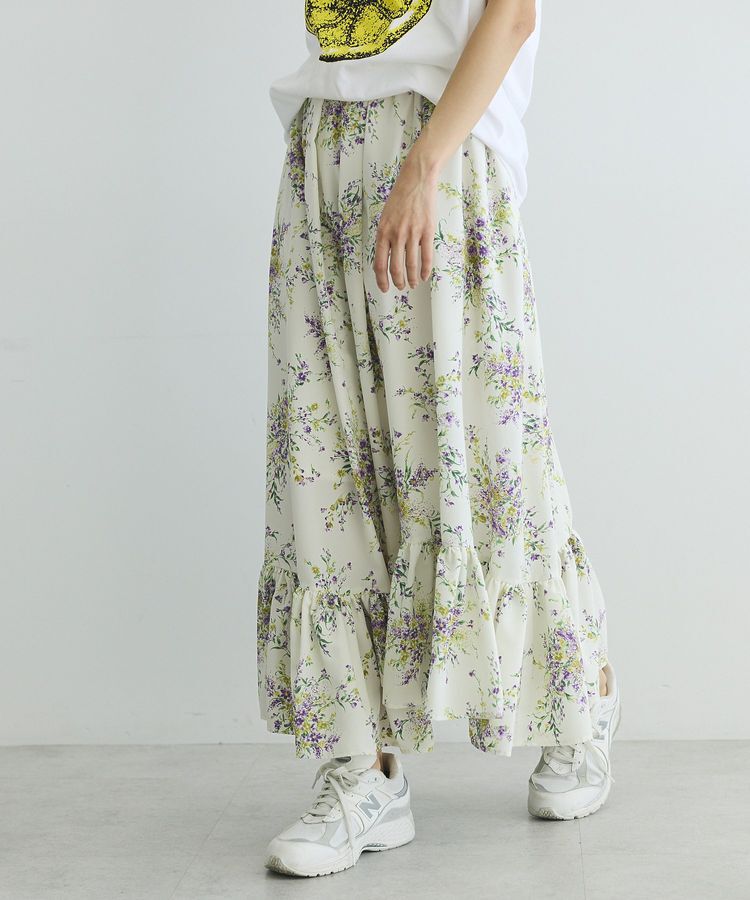 GARAGE OF GOOD CLOTHING「【日本製】ピーチファイユフラワープリント裾フリルスカート」|フレア|