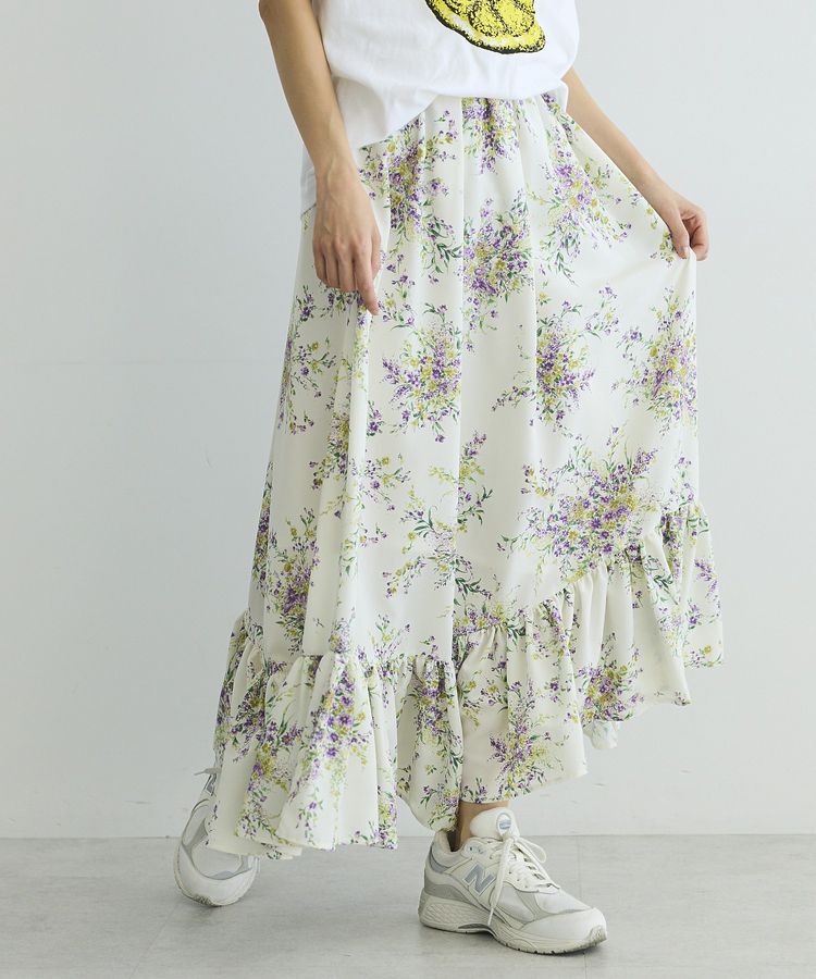GARAGE OF GOOD CLOTHING「【日本製】ピーチファイユフラワープリント裾フリルスカート」|フレア|