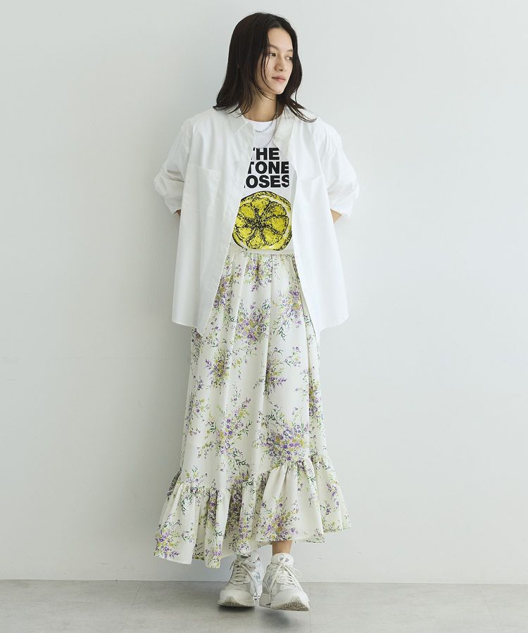 GARAGE OF GOOD CLOTHING「【日本製】ピーチファイユフラワープリント裾フリルスカート」|フレア|