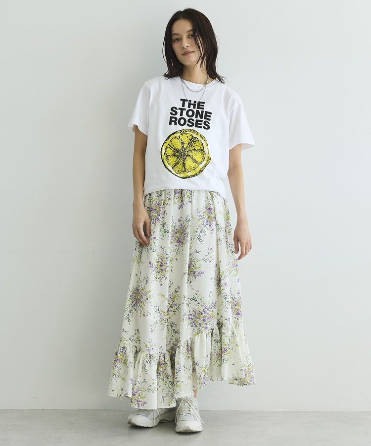 GARAGE OF GOOD CLOTHING「【日本製】ピーチファイユフラワープリント裾フリルスカート」|フレア|