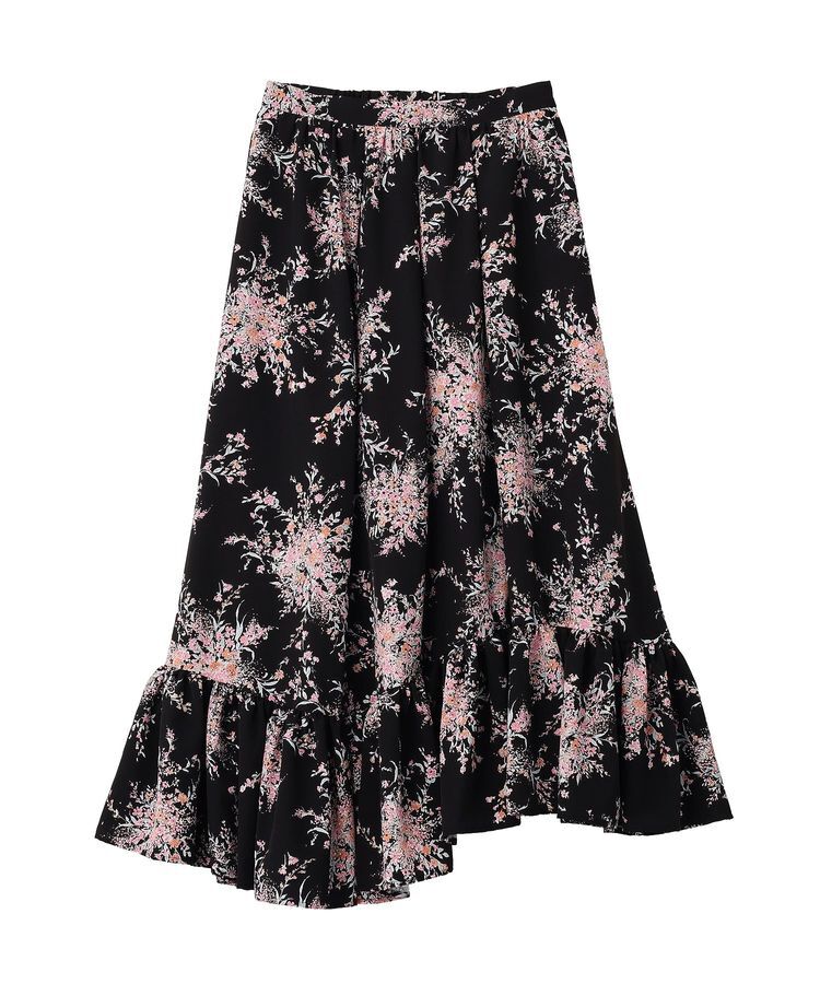 GARAGE OF GOOD CLOTHING「【日本製】ピーチファイユフラワープリント裾フリルスカート」|フレア|