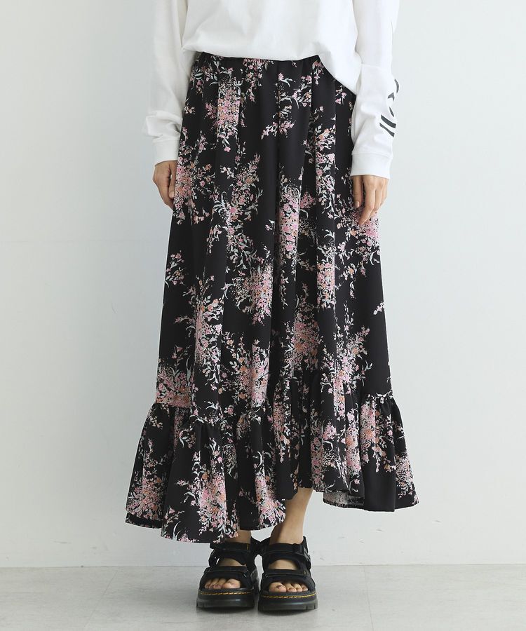 GARAGE OF GOOD CLOTHING「【日本製】ピーチファイユフラワープリント裾フリルスカート」|フレア|