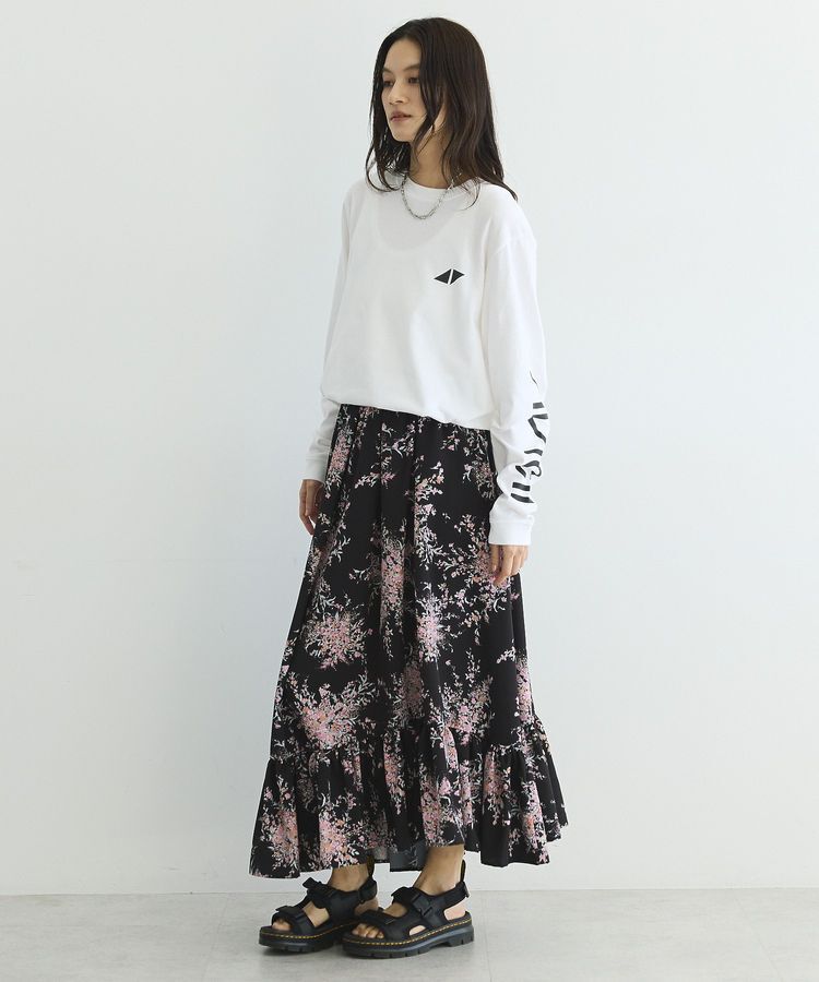 GARAGE OF GOOD CLOTHING「【日本製】ピーチファイユフラワープリント裾フリルスカート」|フレア|