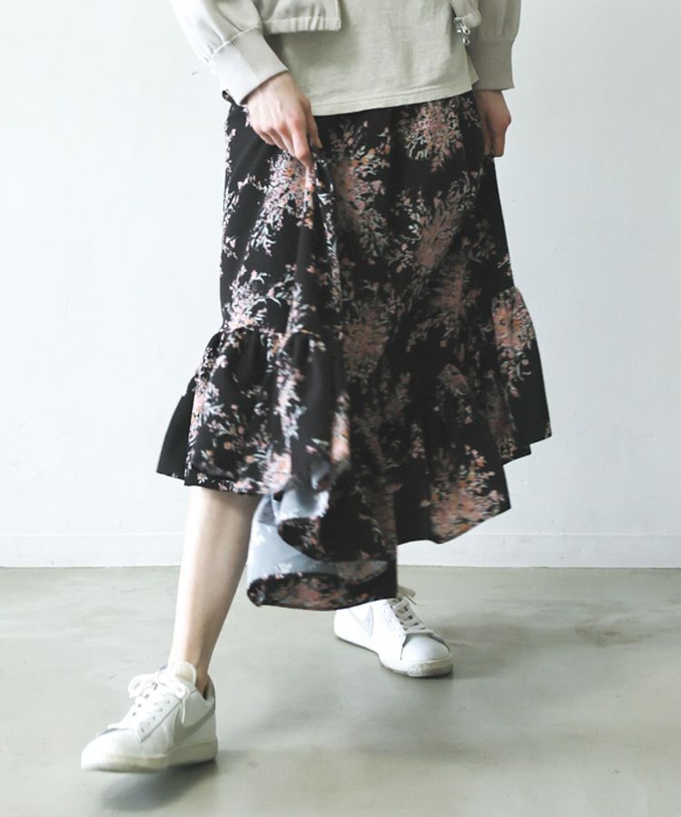 GARAGE OF GOOD CLOTHING「【日本製】ピーチファイユフラワープリント裾フリルスカート」|フレア|