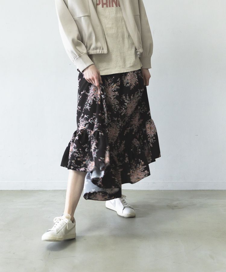 GARAGE OF GOOD CLOTHING「【日本製】ピーチファイユフラワープリント裾フリルスカート」|フレア|