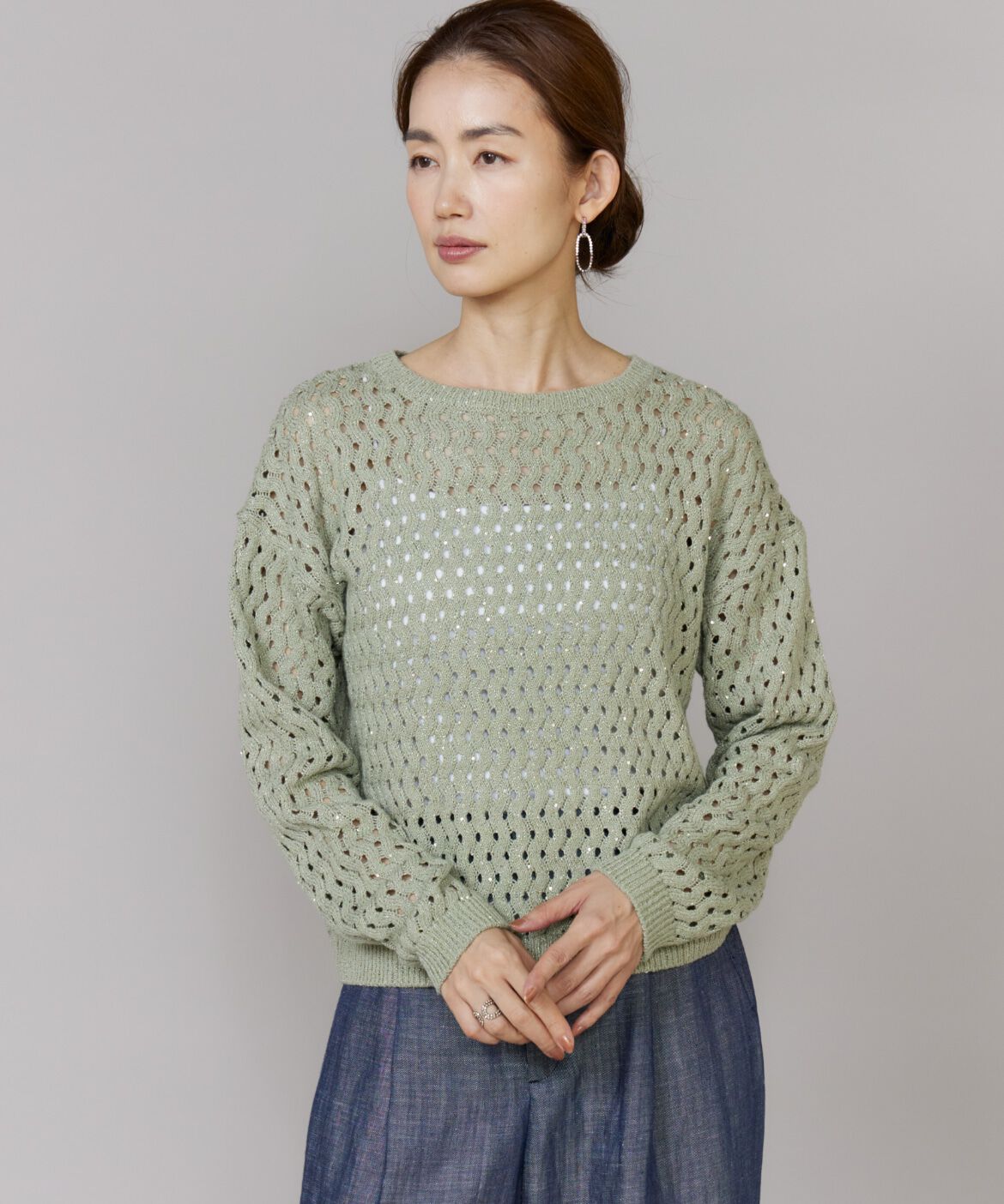 Le Souk「《大きいサイズ》透かし柄ボートネックプルオーバー」|ニット・セーター|グリーン