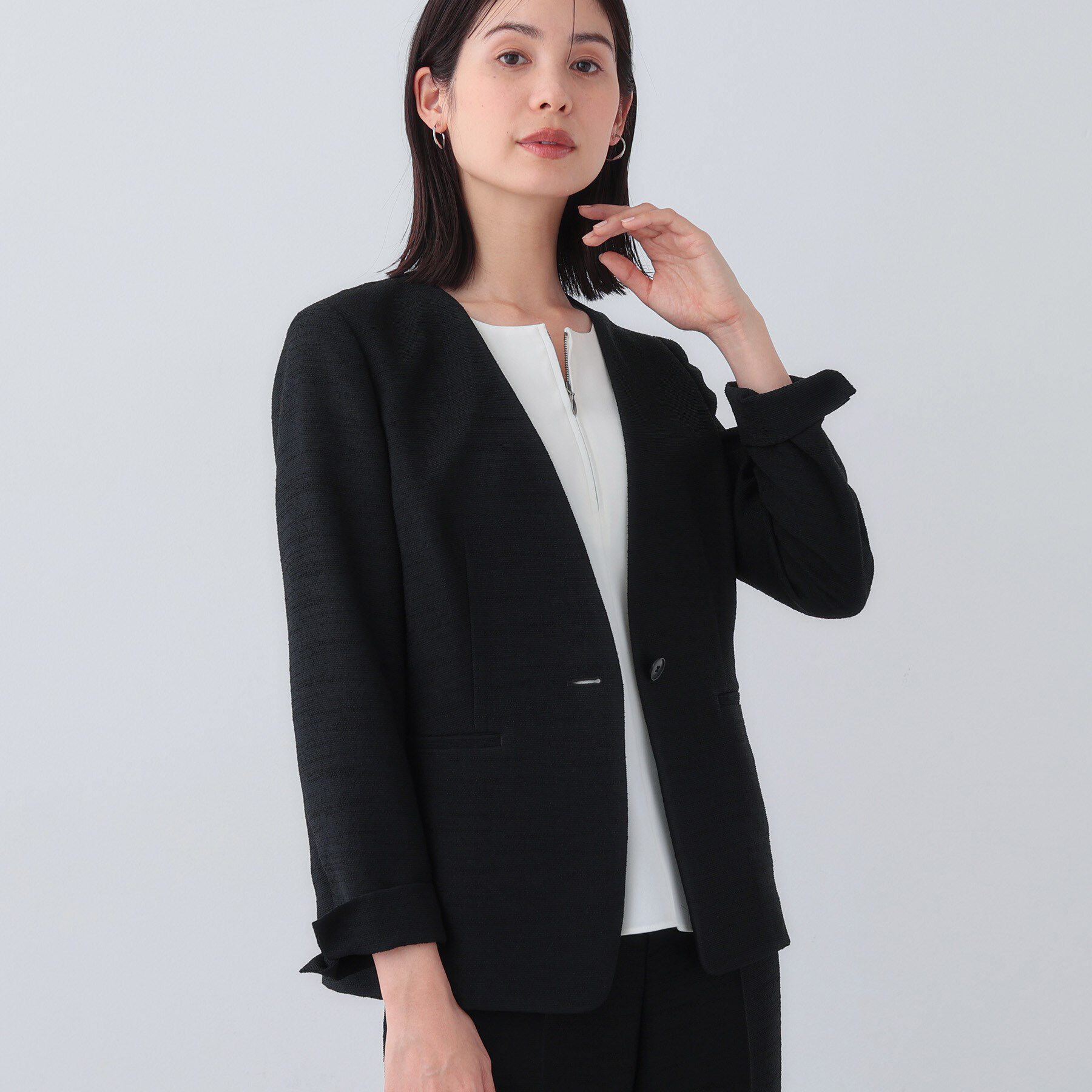 INDIVI「【日本製／SETUP可能】トリアセテート混ノーカラージャケット」|スーツ|ブラック(019)