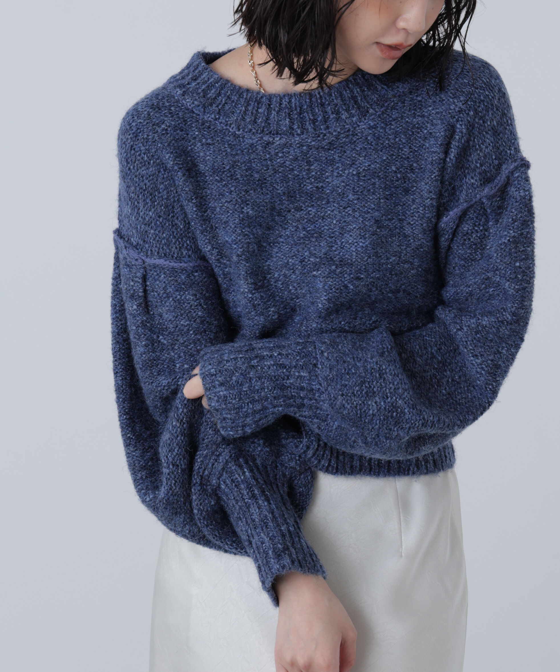  「バックリボンショート丈ニット」|ニット・セーター|ネイビー