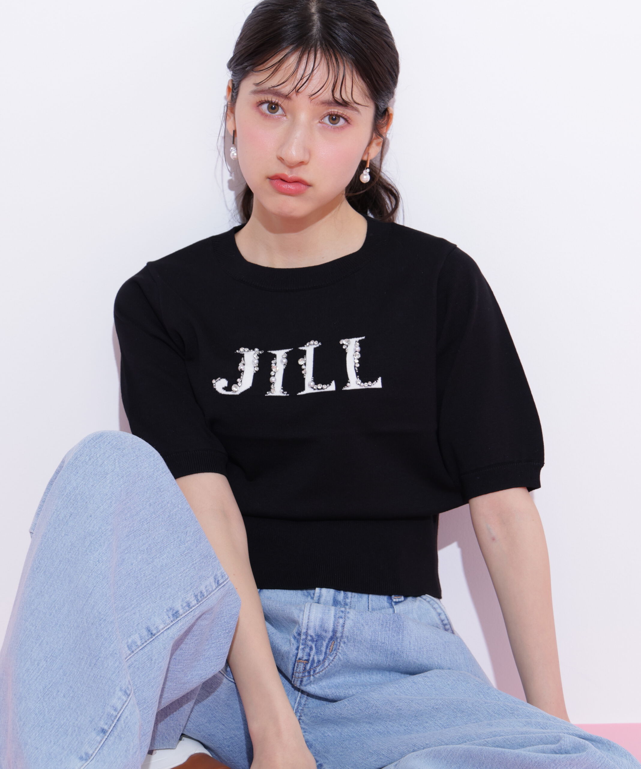  「半袖ロゴジャカードビジューニット」|ニット・セーター|ブラック