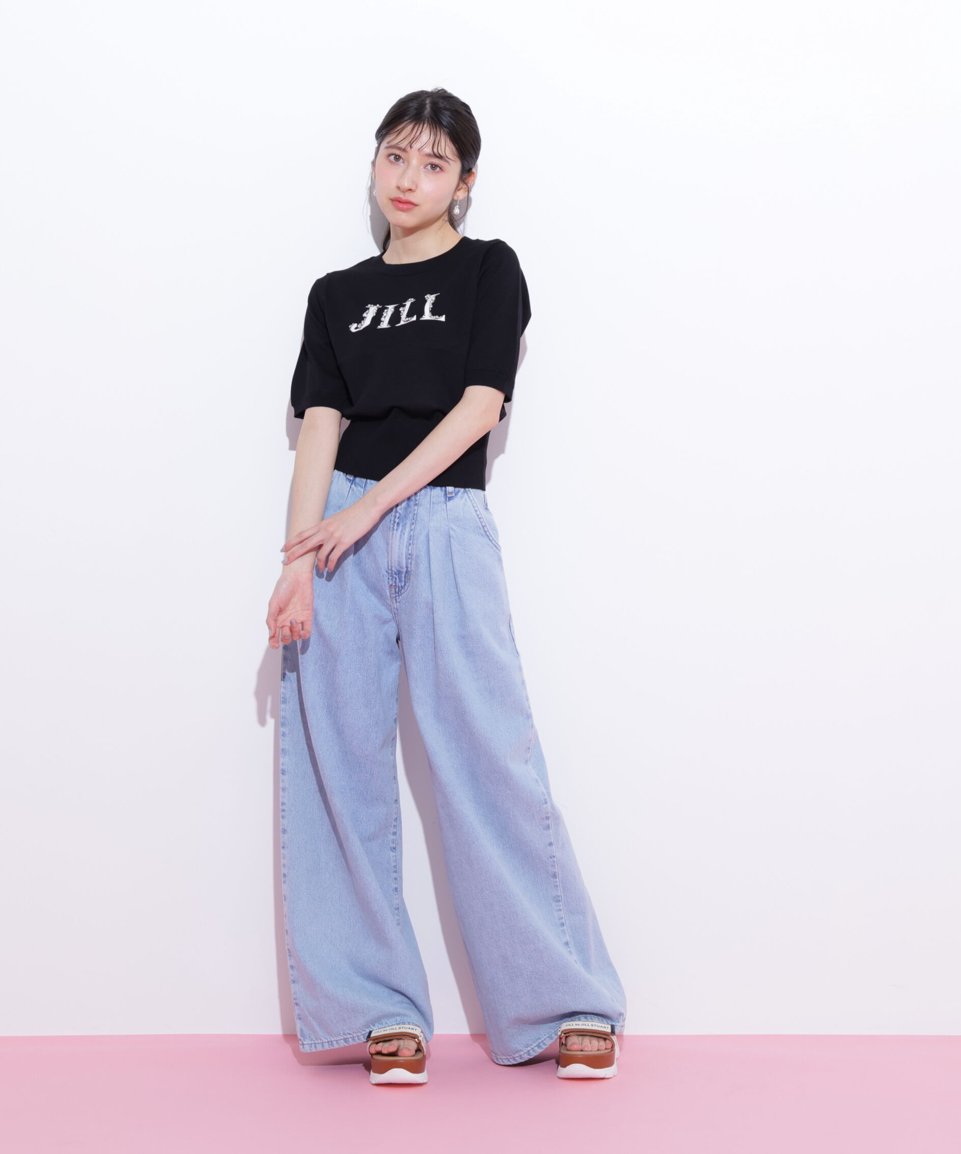  「半袖ロゴジャカードビジューニット」|ニット・セーター|