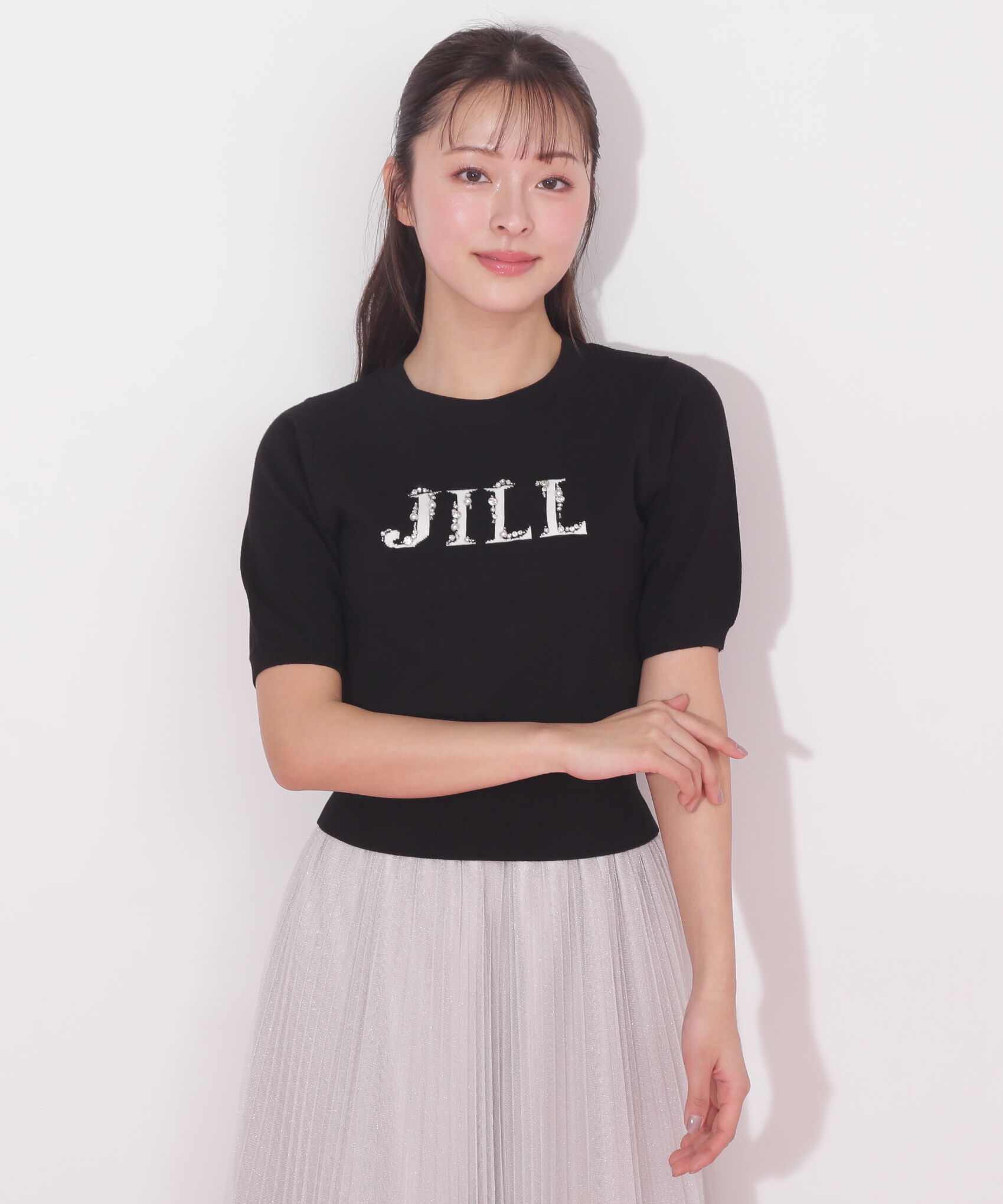  「半袖ロゴジャカードビジューニット」|ニット・セーター|