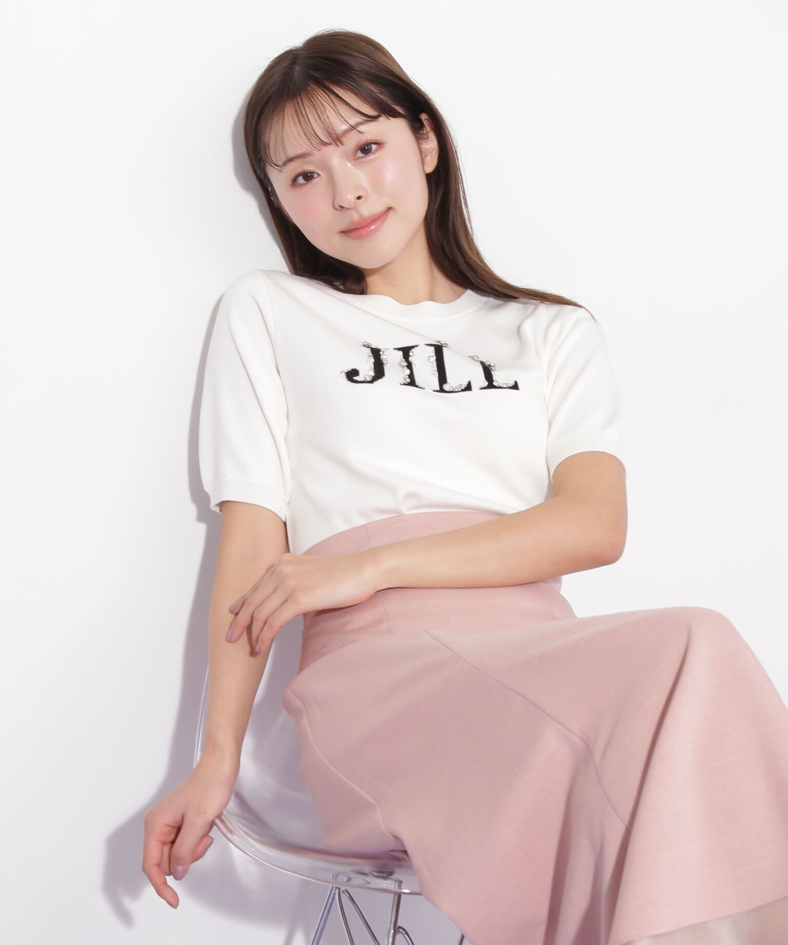  「半袖ロゴジャカードビジューニット」|ニット・セーター|エクリュ1