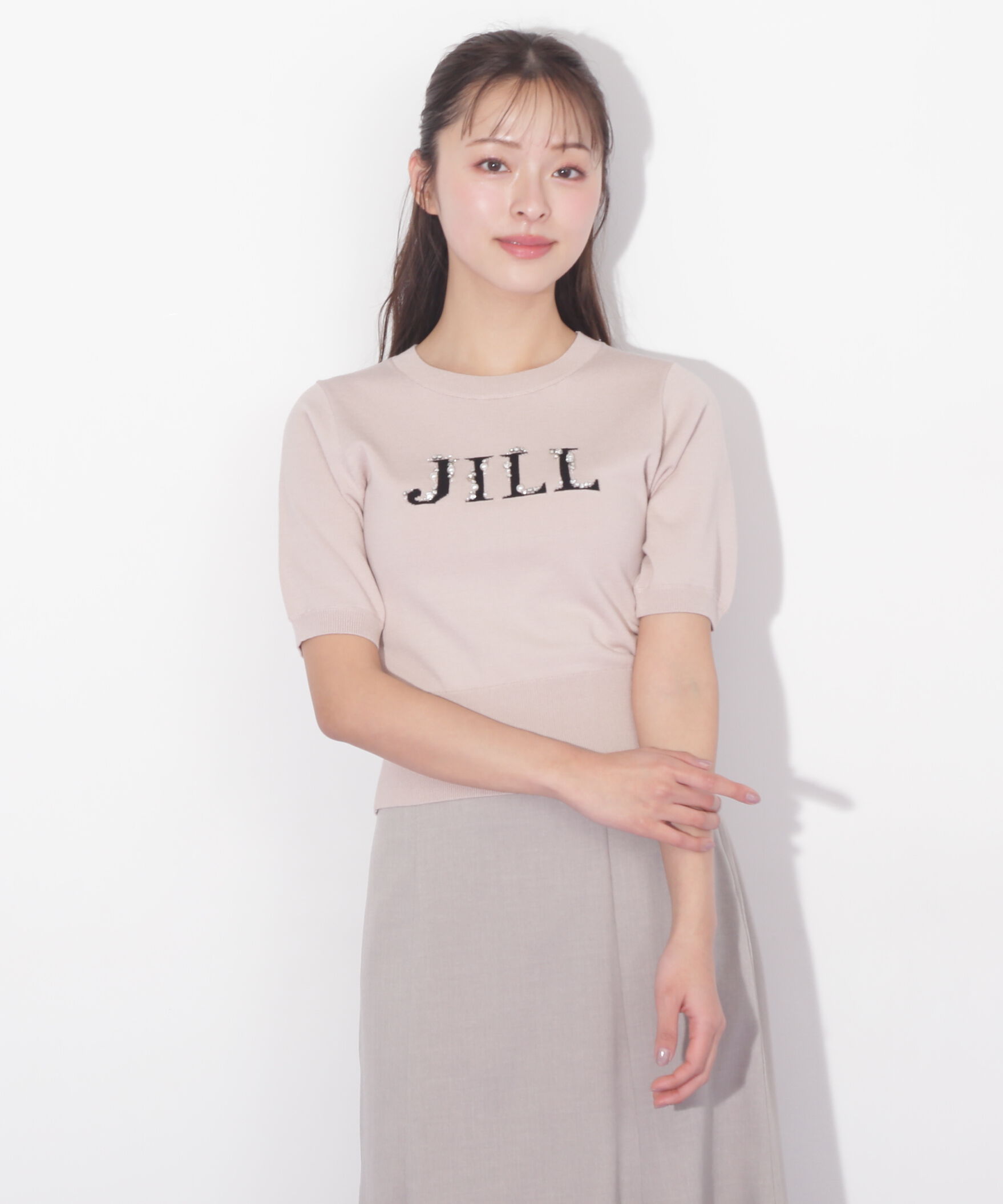  「半袖ロゴジャカードビジューニット」|ニット・セーター|ピンク