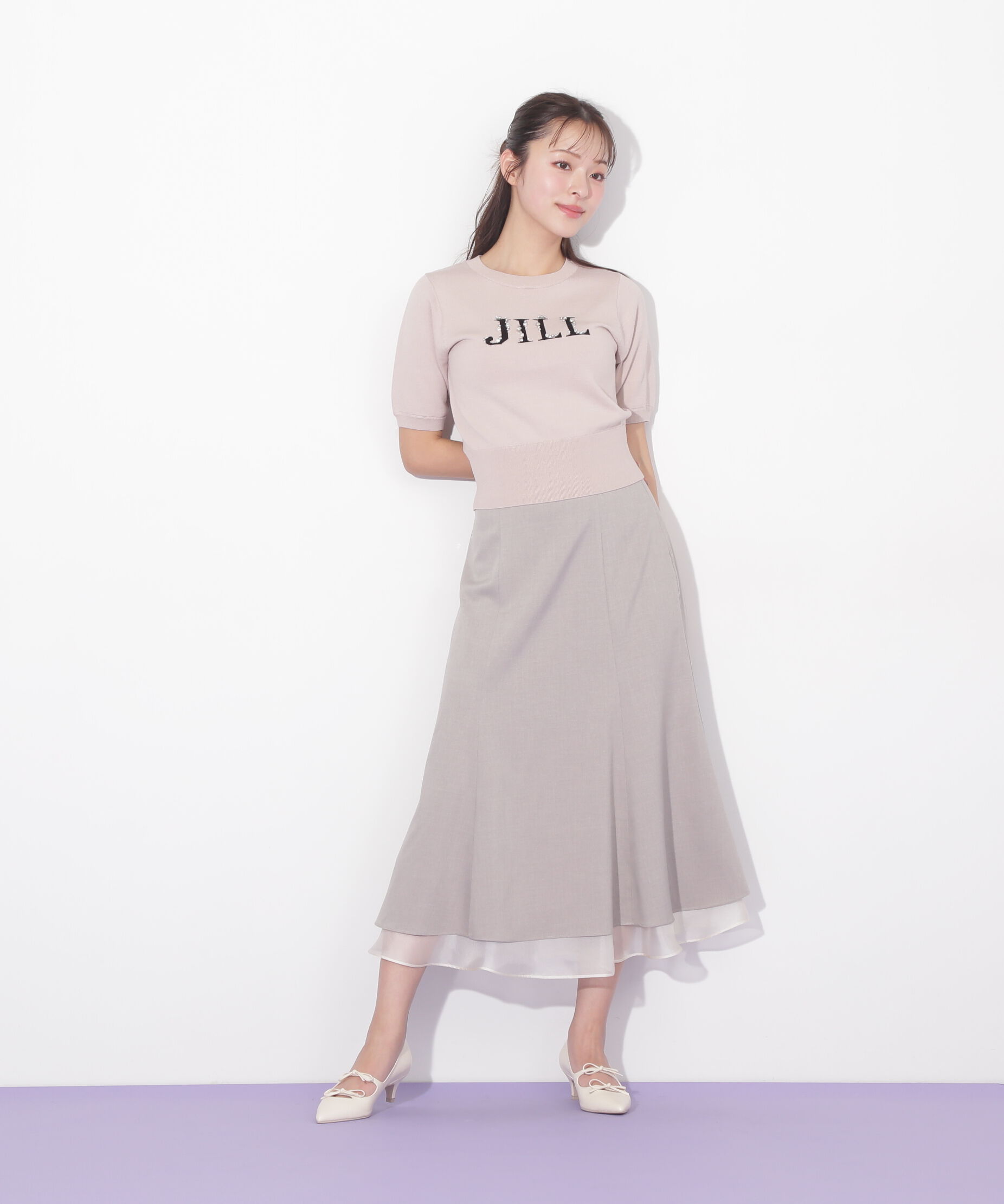  「半袖ロゴジャカードビジューニット」|ニット・セーター|