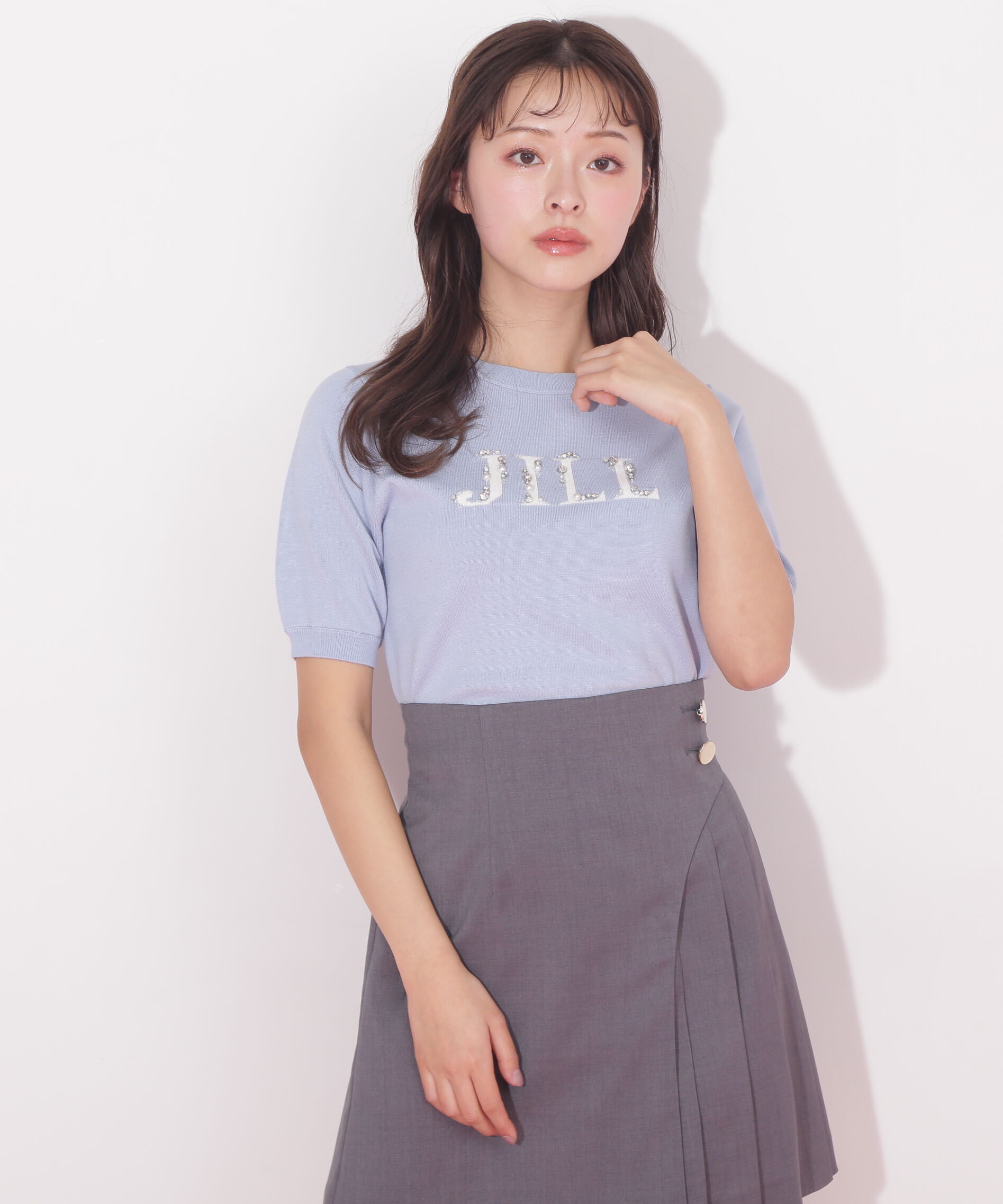  「半袖ロゴジャカードビジューニット」|ニット・セーター|