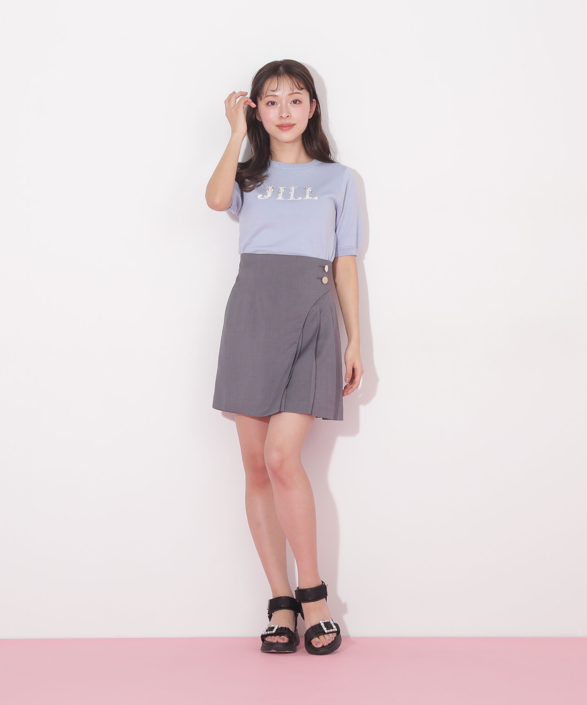  「半袖ロゴジャカードビジューニット」|ニット・セーター|