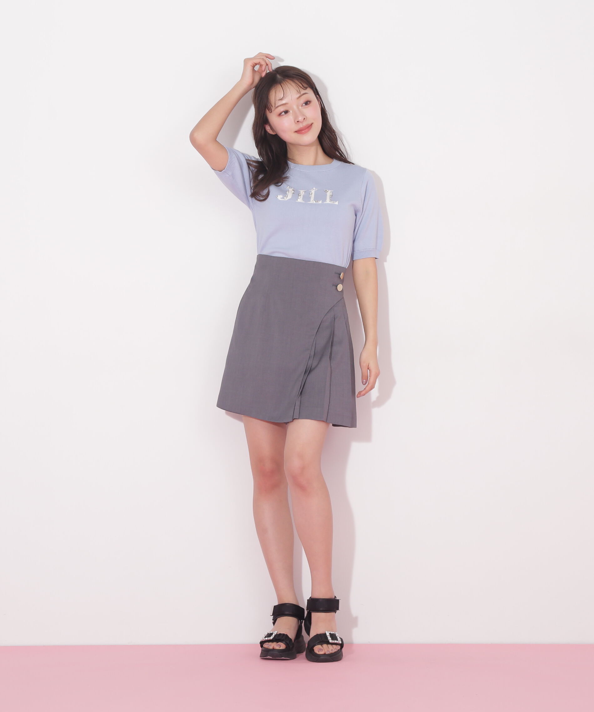  「半袖ロゴジャカードビジューニット」|ニット・セーター|