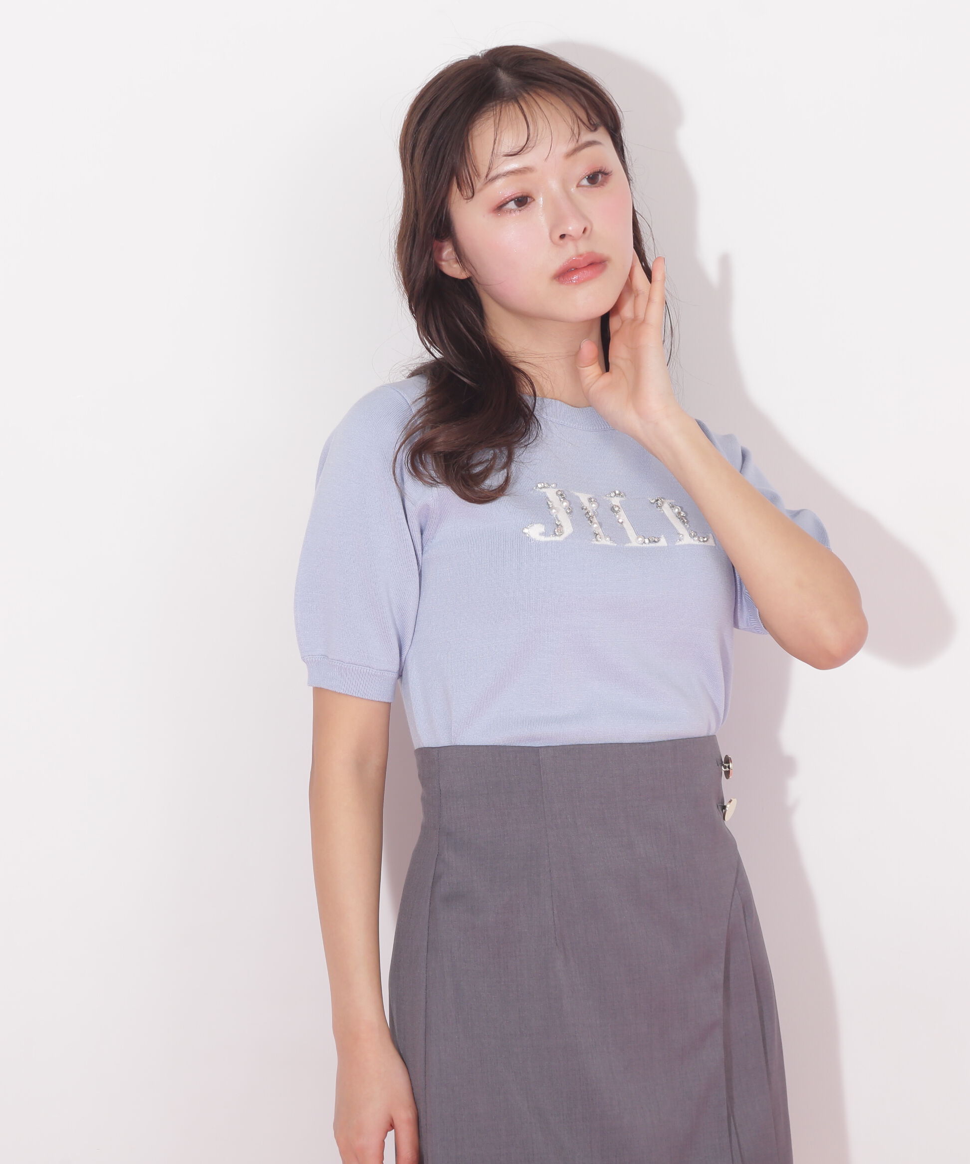  「半袖ロゴジャカードビジューニット」|ニット・セーター|